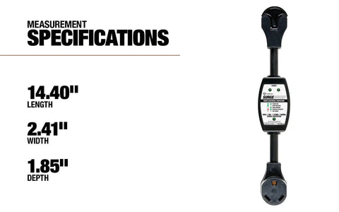 RV Surge Protector 120V 30A With Led Voltage Monitor And Built In Circuit Tester next to measurement specifications.