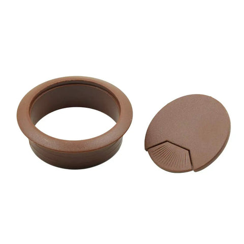5 Pack Of Sharp Brown Desk Grommets Offering An Easy Peasy Install To Keep Office Cords Neat And Organized A No Sweat High Quality 2 Inch Plastic Cover Set, featuring a brown plastic grommet and cover.