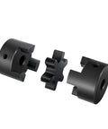 Disassembled three-piece L-jaw coupling set with rubber spider; two black hubs and center spider.