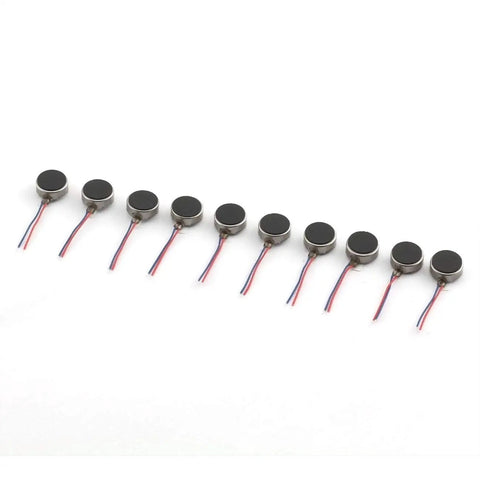 10 Pack Micro Flat Vibration Motors 3V DC 12000RPM Two Wire Tiny Pager Vibe Motors laid in a row for Mobile Phones Electronics Toys.