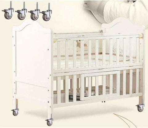 Four Pack Silent Rubber Caster Wheels Deliver A Legit Ultra Smooth Glide With Double Ball Bearing Swivel Action And Heavy Duty Carbon Steel Brackets on a crib.
