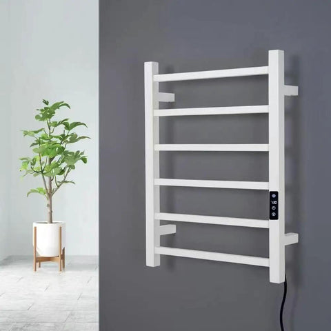 6 Bar Electric Towel Warmer Rack Wall Mount Plug In Bath Towel Heater Black Finish Timed Heating in modern bathroom