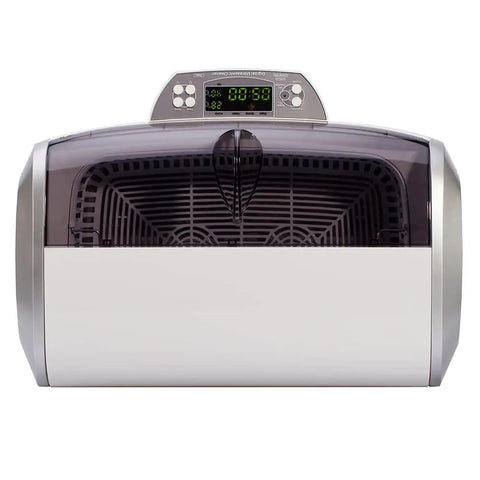Top Shelf Six Liter Ultrasonic Cleaner With Built In Heater And Degassing Feature Plus Dual Transducers And Digital Dial front view with control panel.