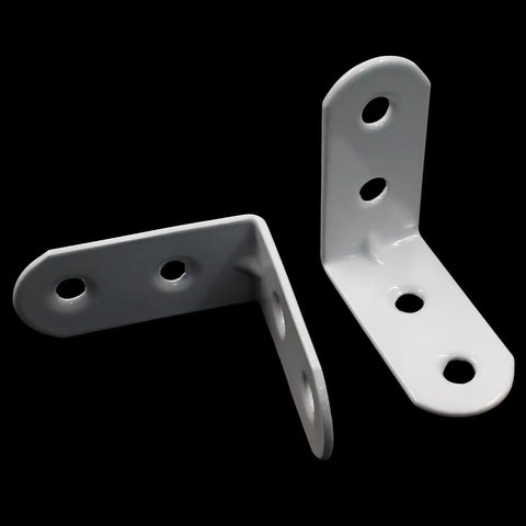 Heavy Duty White Corner Brace L Brackets For Furniture Repair Pack Of Twenty With Reinforced Steel Core To Keep Wooden Pieces Rock Solid And Tighten Loose Joints Without Any Sweat, showing two L brackets.