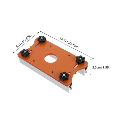 Tough Aluminum Router Table Insert Plate Dead Center Alignment Tight Grip Locks No Sweat Mounting For The Woodshop Crew Flawless Routing Performance Guaranteed, orange top view with black locks.