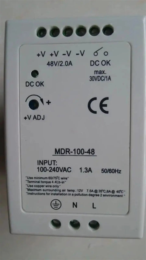 Rock Solid Din Rail Switching Power Supply Kickin Out 100 Watts Of Clean 48VDC Current back view with input/output details.