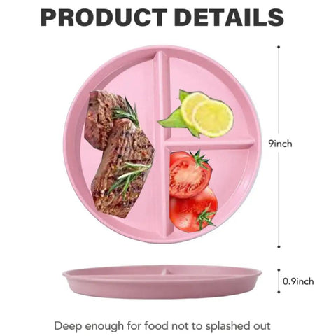 Five Pack 9 Inch Unbreakable Portion Control Plates With Three Compartments Reusable BPA Free Dinner Plates For Balanced Meals And Adults Ideal For Easy Meal Prep And Healthy Eating, pink plate with food compartments.