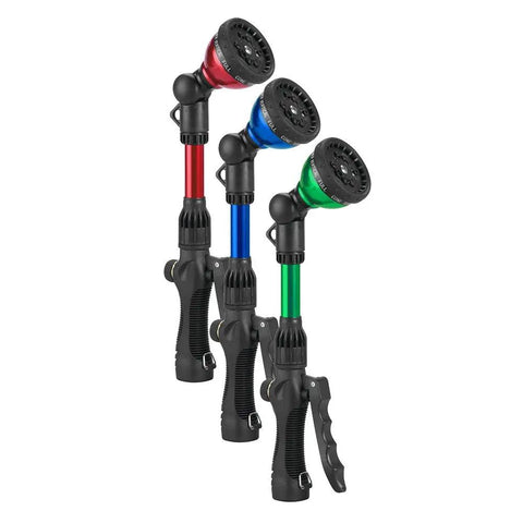 Red, blue, green 14-Inch Front Trigger Water Wand With 10 Spray Patterns And Ratchet Head, Lightweight Metal Build, Ergonomic Grip