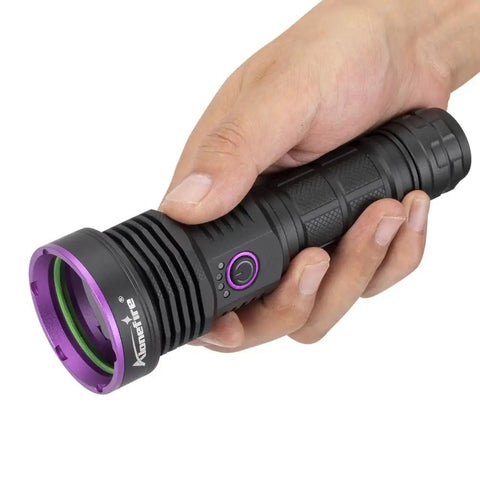 Hand holding Ultra Bright 365nm UV Flashlight 36W USB C Rechargeable Black Light for Pet Urine Detection Resin Curing