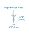Two Hundred Solid Size Six By Five Eighths Inches Phillips Drive Zinc Coated Carbon Steel Screws Fine Thread Sharp Point for Drywall and Wood Fastening close-up of bugle Phillips head screw.