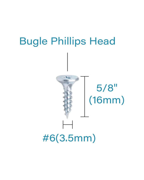 Two Hundred Solid Size Six By Five Eighths Inches Phillips Drive Zinc Coated Carbon Steel Screws Fine Thread Sharp Point for Drywall and Wood Fastening close-up of bugle Phillips head screw.