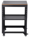Dang Solid Thickness Planer Stand With Three Gear Height Adjustable Rolling Cart Holding Up To 100 Lbs Featuring Sweet Swivel Caster Wheels and Easy Shop Storage front view with black frame and wood top.