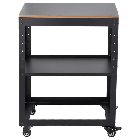 Dang Solid Thickness Planer Stand With Three Gear Height Adjustable Rolling Cart Holding Up To 100 Lbs Featuring Sweet Swivel Caster Wheels and Easy Shop Storage front view with black frame and wood top.