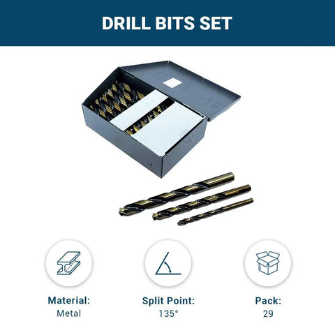29 Pieces HSS Twist Drill Bit Set Featuring Black And Gold Finish Jobber Length For Cutting Steel Wood Plastic Aluminum Complete Range From One Sixteenth To Half Inch In Tiny Increments A Badass Kit That Gets The Job Done Smooth As Silk in metal box.