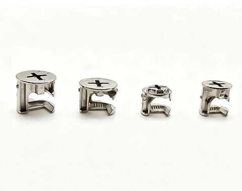 Four metal cam locks from the All In One 120 Piece Furniture Cam Lock And Hardware Assortment Kit, shown on a white background.