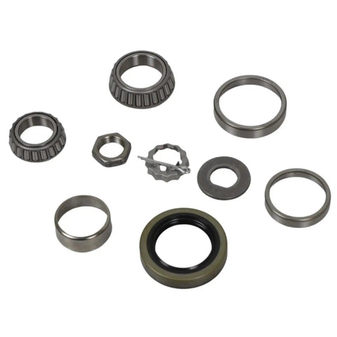 Heavy Duty Trailer Wheel Bearing Kit With Seal For 3500 To 3700 Lb Axles, Hub Replacement, Includes Inner Bearing L68149 And Outer Bearing L44649, Plus Spindle Nut For Easy Install components on a white background.