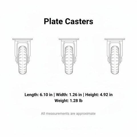Heavy Duty Swivel Plate Caster Built Like A Tank Replacement Caster Wheel for Industrial Hand Trucks and Warehouse Dollies, dimensions shown.