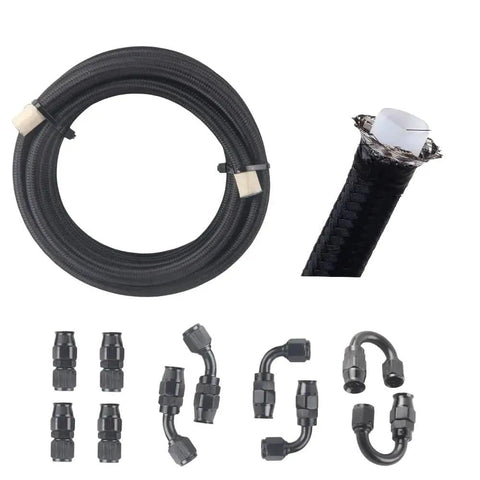 Heavy Duty 20 Feet AN4 An6 An8 An10 Black Nylon Braided E85 PTFE Fuel Line Kit With Fittings, coiled hose and adapters