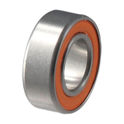 Angled side view of stainless steel ball bearing with orange seal, 7x14x5mm