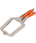 Super Tough Locking C Clamp Pliers Set Inch Duty Woodworking Face Tool With Rotating Pads For Welding And Pocket Hole Joinery Projects That Are 14 Inches Long, close-up view of steel clamp with orange grips.