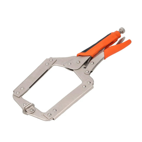Super Tough Locking C Clamp Pliers Set Inch Duty Woodworking Face Tool With Rotating Pads For Welding And Pocket Hole Joinery Projects That Are 14 Inches Long, close-up view of steel clamp with orange grips.