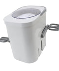 No Fuss Portable Clothes Washer Game Changing Hand Crank Operation. Compact white laundry machine with metal crank handle.