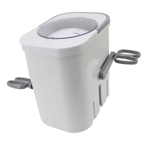No Fuss Portable Clothes Washer Game Changing Hand Crank Operation. Compact white laundry machine with metal crank handle.
