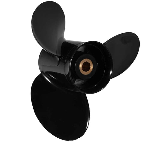 Aluminum Boat Outboard Propeller 15 X 17 Right Hand Rotation 3 Blade 15 Spline Fits Evinrude Johnson OMC Stern Drive 135 to 300HP Reference 765187 Durable Marine Prop black propeller front view