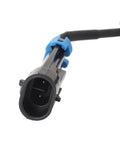 Front view of Aramox rear wheel speed sensor for Indian motorcycle, black housing with blue clip and wiring