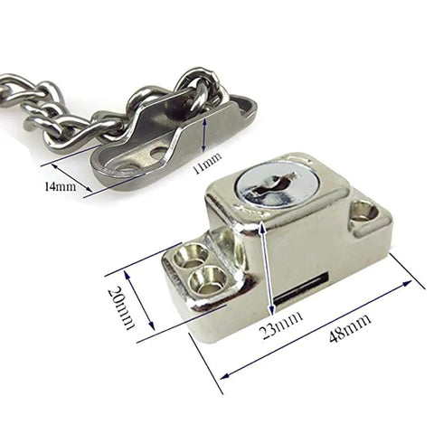 Deadlock Secure Stainless Steel Window Chain Lock And Door Cable Restrictor, key slot shown with dimensions and stainless steel chain.