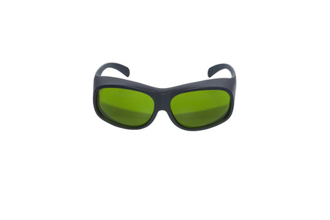 Legit Laser Safety Goggles For Hair Removal, green tinted protective eyewear for laser treatments, CE EN207 rated, front view.