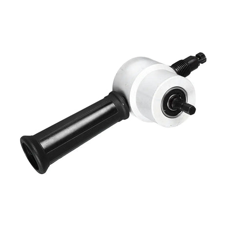 Double Head Sheet Metal Nibbler Drill Attachment For Cutting Iron Stainless Steel Copper Aluminum With Adjustable Dual Heads positioned from the side showing the handle and cutting head.
