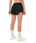 Back view of Plus Size High Waisted Athletic Shorts For Women With Liner And Zip Pocket, 4 Inch Inseam, Black