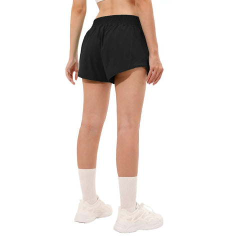 Back view of Plus Size High Waisted Athletic Shorts For Women With Liner And Zip Pocket, 4 Inch Inseam, Black