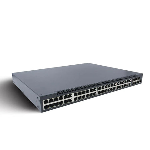 48 Port Gigabit PoE Switch With Six 10G SFP Plus Uplinks, 1U Rack Mount, front view of network switch