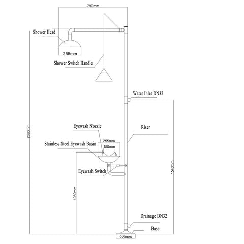 Technical diagram of Emergency Eye Washer and Shower Station, highlighting dimensions and components.