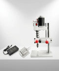 Compact Red Mini Bench Drill Press With Lever Operated Quill And Precision Adjustment Knobs, sturdy metal construction.