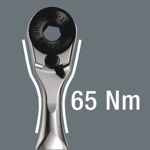 Close-up of ratchet handle from Go-To 38 Piece Tool Set With Zyklop Mini One Quarter Inch Bit Mounting showing 65 Nm torque.