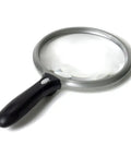 Lit 5 Inch Round Magnifier With LED 2X Magnification And 6X Bifocal Lens, ergonomic black handle, clear optical-grade viewing