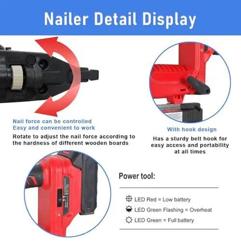 Detail of Badass Cordless 2 In 1 Brad Nailer And Tacker With 21V Rechargeable Battery showing control features and LED indicators.