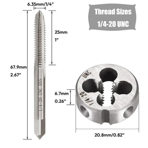 2-Piece 1/4-20 UNC Tap And Die Set In HSS High Speed Steel with dimensions for threading and repair in metalworking projects