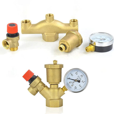 Front view of brass automatic float valve kit with air bleeder vent, 1/2G fittings and pressure gauge