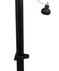 Side view of trailer tongue jack with top-wind crank, black steel post, mounting plate, and hardware.
