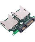 Two Port Dual SD And MMC To SATA RAID Adapter Enclosure with dual slots for flash cards, compact design for low power boot drives.