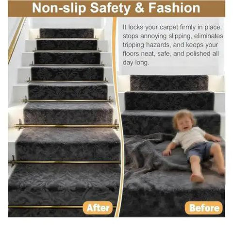 Solid Brass Adjustable Stair Runner Rods Kit With Non Slip Bar For Elegant Carpet Runners, Includes Brackets Screws End Caps For Home Or Business Decor, stair runner view