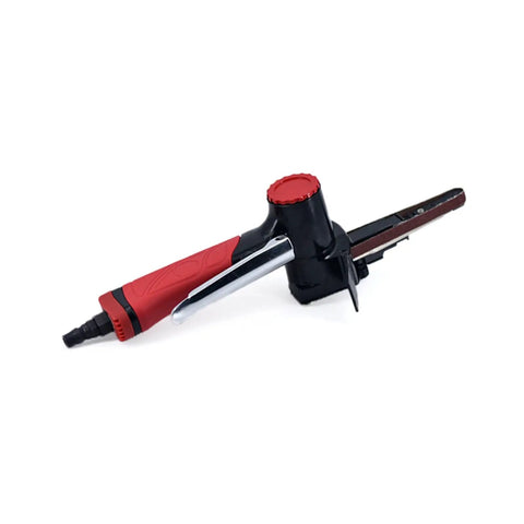 Lightweight Kickass Mini Pneumatic Belt Sander With Adjustable Angle Design Slick Air Powered Metal Polisher High Efficiency Precision Edge Grinder For Shop Jobs angled view with red and black design