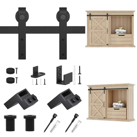 2.5 Foot Sliding Barn Door Hardware Kit For Single Cabinets And Small Closets shown with components and cabinet use