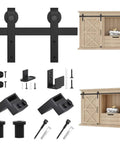 5.5 Foot Sliding Barn Door Hardware Kit For Double Doors including J shape hangers, floor guides, and cabinet installation