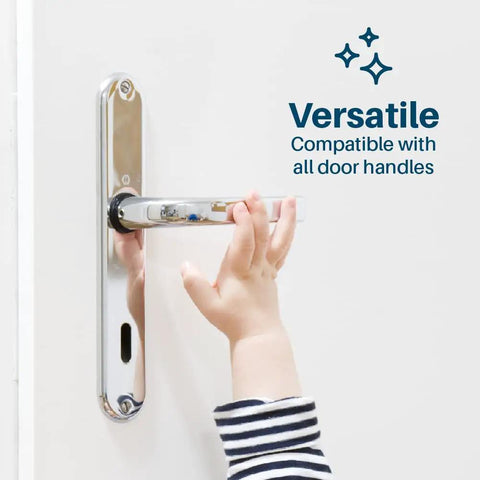 Child's hand reaching for door handle with Two Pack Kid Friendly Child Proof Door Lever Locks With 3M Adhesive No Drilling Easy Install Minimalist Design Prevents Kids And Pets From Opening Doors In Homes Apartments And Offices nearby