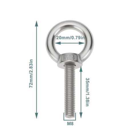 Four Pack Stainless Steel Lifting Eye Bolts And Washers M8 X 35Mm For Ifor Williams Horsebox Trailers showing dimensions